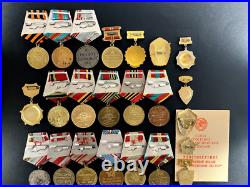 Soviet Russian Set of 23 medals and badges of Veteran WW2 USSR Army. Document