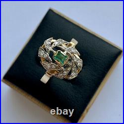 USSR Ring With Diamonds and Emerald Yellow Gold 750 Stamp Star 18K Soviet Russia