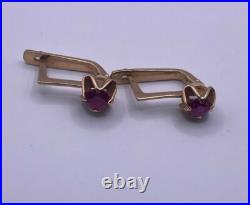 USSR Vintage Rose Gold Earring Ruby Stones 14K 583 Soviet Union Star