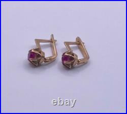 USSR Vintage Rose Gold Earring Ruby Stones 14K 583 Soviet Union Star