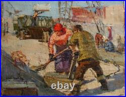 Ukrainian Soviet Oil Painting impressionism socrealism industrial worker figures