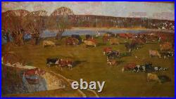 Ukrainian Soviet USSR Oil Painting impressionism Landscape village herd cows
