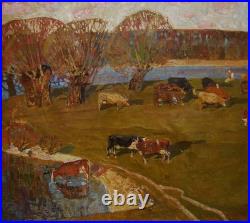 Ukrainian Soviet USSR Oil Painting impressionism Landscape village herd cows