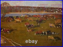 Ukrainian Soviet USSR Oil Painting impressionism Landscape village herd cows