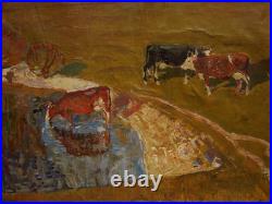 Ukrainian Soviet USSR Oil Painting impressionism Landscape village herd cows