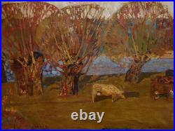 Ukrainian Soviet USSR Oil Painting impressionism Landscape village herd cows