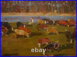 Ukrainian Soviet USSR Oil Painting impressionism Landscape village herd cows