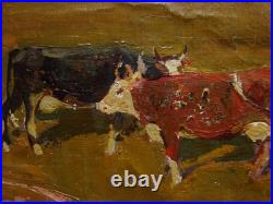 Ukrainian Soviet USSR Oil Painting impressionism Landscape village herd cows