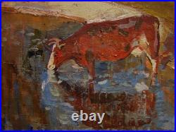 Ukrainian Soviet USSR Oil Painting impressionism Landscape village herd cows