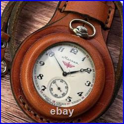 VINTAGE Molniya Pocket Watch Mechanical Leather Case Soviet Ship Russian USSR