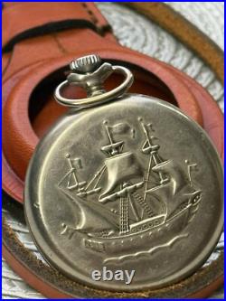 VINTAGE Molniya Pocket Watch Mechanical Leather Case Soviet Ship Russian USSR