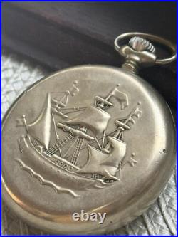 VINTAGE Molniya Pocket Watch Mechanical Leather Case Soviet Ship Russian USSR