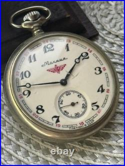 VINTAGE Molniya Pocket Watch Mechanical Leather Case Soviet Ship Russian USSR