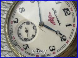 VINTAGE Molniya Pocket Watch Mechanical Leather Case Soviet Ship Russian USSR