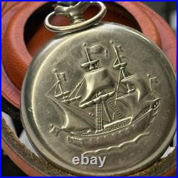 VINTAGE Molniya Pocket Watch Mechanical Leather Case Soviet Ship Russian USSR