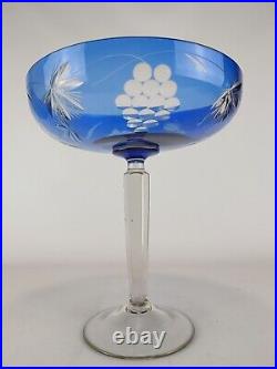 Vintage 1980s USSR Vase Bowl Cup Fruit Colored Blue Glass Cobalt Crystal Carved