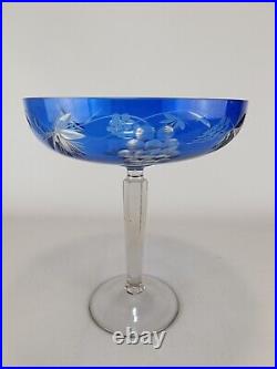 Vintage 1980s USSR Vase Bowl Cup Fruit Colored Blue Glass Cobalt Crystal Carved