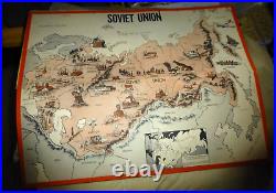 Vintage Lovely Illustrated Map Russia Soviet Union Gold Oil Plane Oxford Un 1942