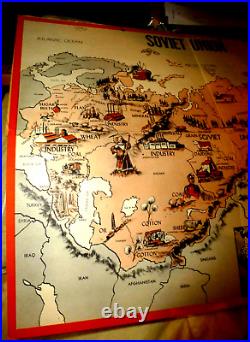 Vintage Lovely Illustrated Map Russia Soviet Union Gold Oil Plane Oxford Un 1942