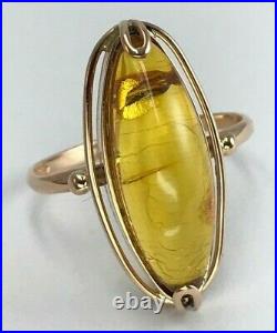 Vintage Original Soviet Rose Gold 583 14K Ring with Natural Amber USSR, Gold 14K