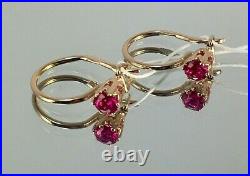 Vintage Original Soviet Rose Gold Earrings with Ruby 583 14K USSR, Solid Gold