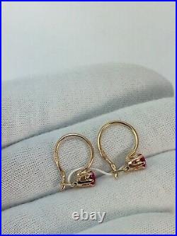 Vintage Original Soviet Rose Gold Earrings with Ruby 583 14K USSR, Solid Gold