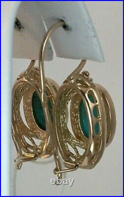 Vintage Original Soviet Rose Gold Natural Turquoise Earrings 583 14K, 14K GOLD