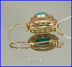 Vintage Original Soviet Rose Gold Natural Turquoise Earrings 583 14K, 14K GOLD