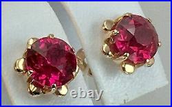 Vintage Original Soviet Russian Rose Gold Ruby Earrings 583 14K USSR