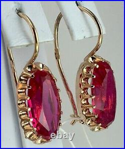 Vintage Original Soviet Russian Rose Gold Ruby Earrings 583 14K USSR, Solid Gold