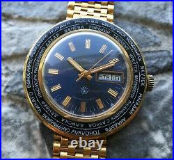 Vintage RAKETA USSR 70s Time Zones cal. 2628. H pilot wrist watch Gold Plated