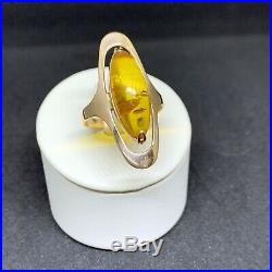 Vintage Russian Ring With Amber Rose Gold 583 USSR Stamp Star 14k Soviet Union