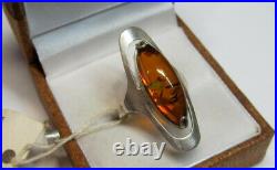 Vintage Soviet Russian Sterling Silver 925 Ring Amber, Women's Jewelry Size 7.25