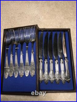 Vintage Soviet USSR Melchior Silver Plated Flatware Set 12pc Rose Pattern Case