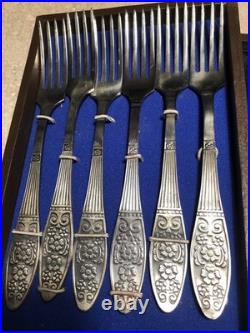 Vintage Soviet USSR Melchior Silver Plated Flatware Set 12pc Rose Pattern Case