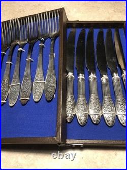 Vintage Soviet USSR Melchior Silver Plated Flatware Set 12pc Rose Pattern Case