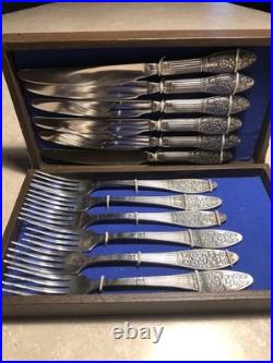 Vintage Soviet USSR Melchior Silver Plated Flatware Set 12pc Rose Pattern Case