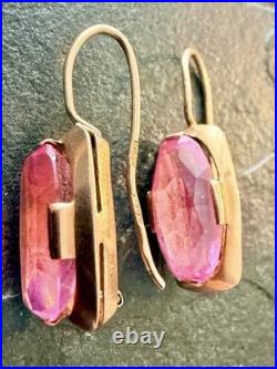 Vintage Soviet Union 14k Yellow Gold Earrings USSR Red Stone Ruby. Approx 6g
