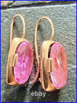 Vintage Soviet Union 14k Yellow Gold Earrings USSR Red Stone Ruby. Approx 6g