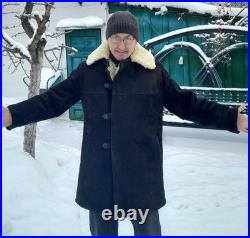 Vintage Soviet Union Sheepskin Coat, Natural, Officer's, 50, XL Original 1970s