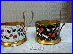 Vintage USSR CCCR Soviet Union Russian Set of 3 Enameled Metal Glass Cup Holders