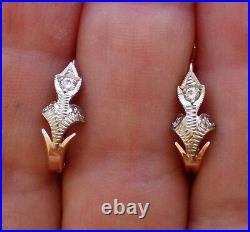 Vintage USSR Soviet Union 14K Rose Pink White Gold Diamond Pierced Earrings