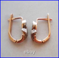 Vintage USSR Soviet Union 14K Rose Pink White Gold Diamond Pierced Earrings