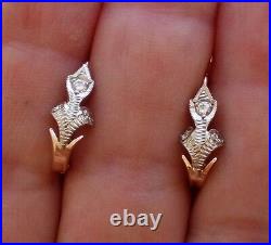 Vintage USSR Soviet Union 14K Rose Pink White Gold Diamond Pierced Earrings