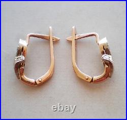 Vintage USSR Soviet Union 14K Rose Pink White Gold Diamond Pierced Earrings