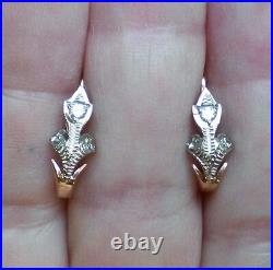 Vintage USSR Soviet Union 14K Rose Pink White Gold Diamond Pierced Earrings