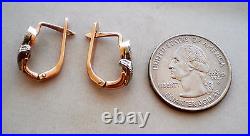 Vintage USSR Soviet Union 14K Rose Pink White Gold Diamond Pierced Earrings