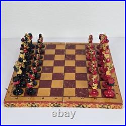 Vintage USSR Soviet Union Handmade Wooden Chess Set, Handpainted Folk Art Russia