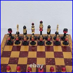 Vintage USSR Soviet Union Handmade Wooden Chess Set, Handpainted Folk Art Russia
