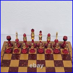Vintage USSR Soviet Union Handmade Wooden Chess Set, Handpainted Folk Art Russia